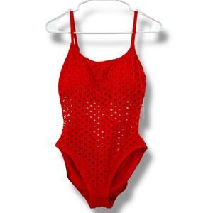 NEW Carmen Marc Valvo Crochet Swimsuit Size 12 Orange Red Mesh One Piece Swim